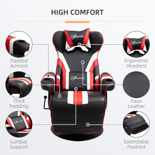 Fauteuil de jeu inclinable pivotant à 360° de style course automobile avec support lombaire, repose-pieds et double porte-gobelets pour salle de jeu.