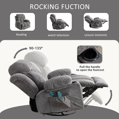 Fauteuil inclinable pivotant à 360° avec massage, chauffage, USB et porte-gobelets
