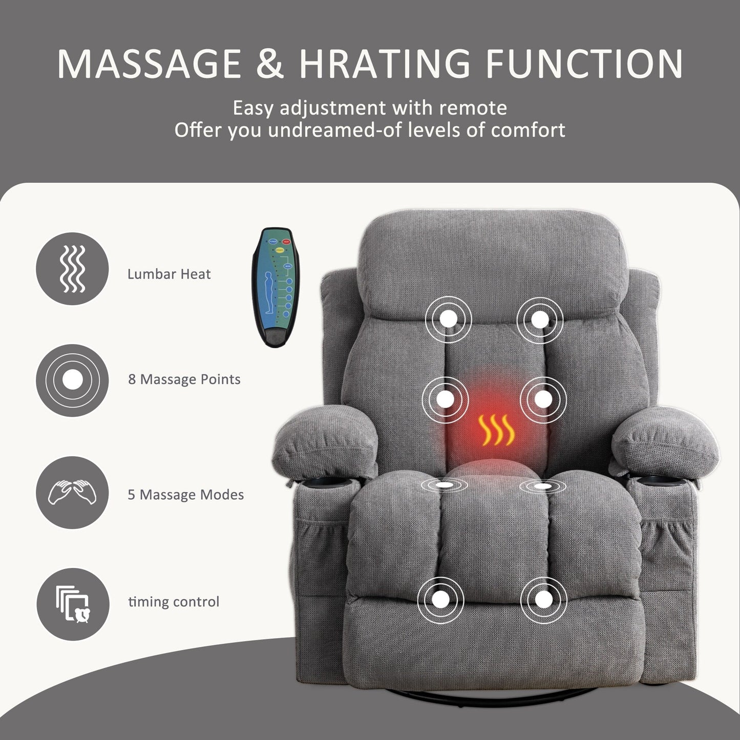 Fauteuil inclinable pivotant à 360° avec massage, chauffage, USB et porte-gobelets