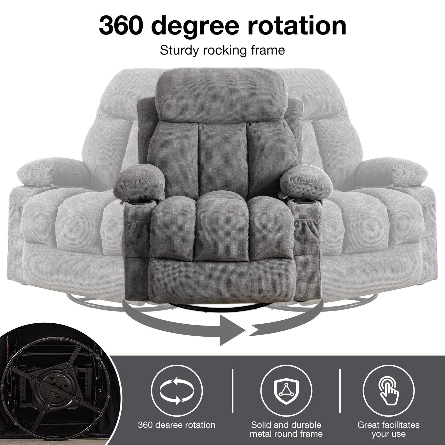 Fauteuil inclinable pivotant à 360° avec massage, chauffage, USB et porte-gobelets