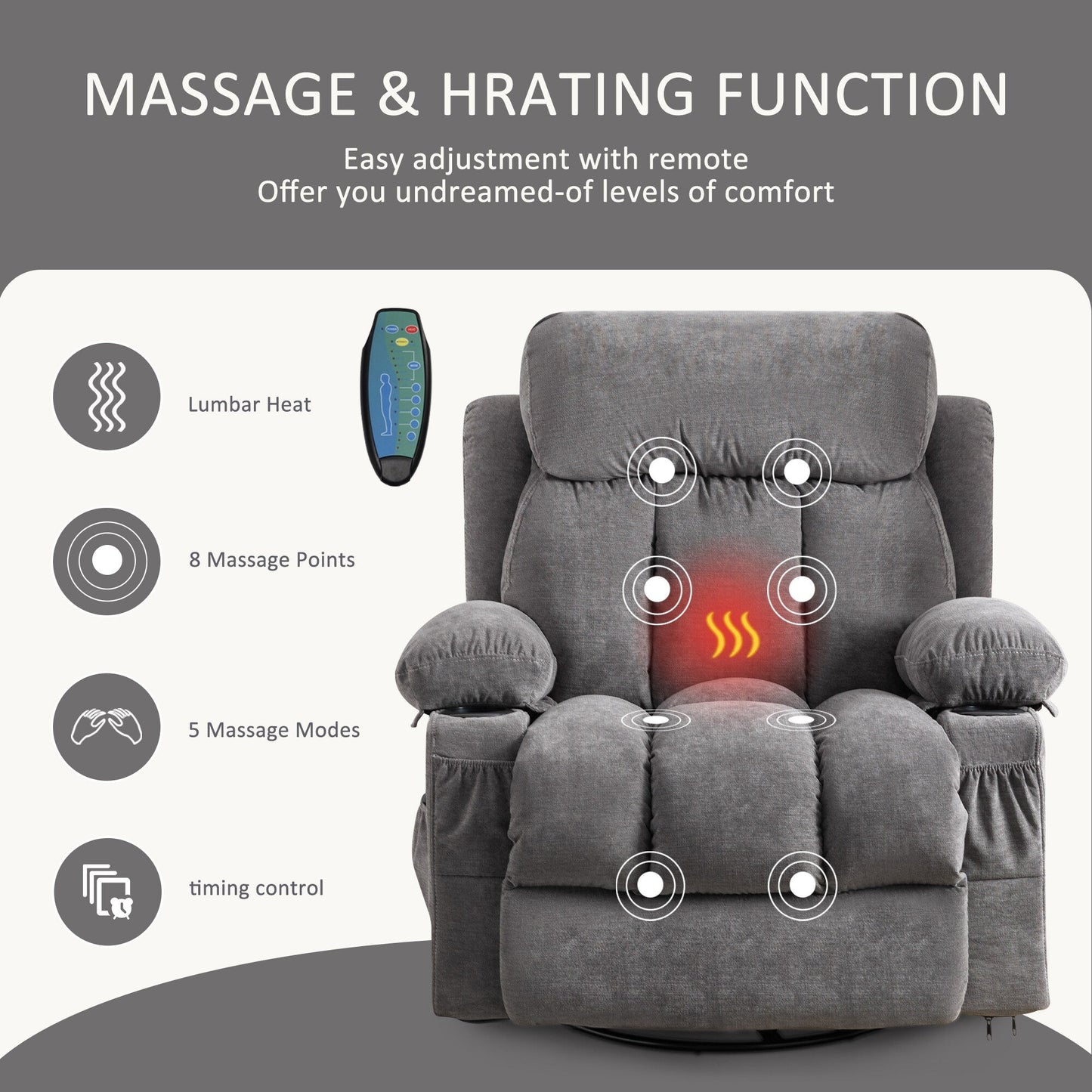 Fauteuil inclinable pivotant à 360° avec massage, chauffage, USB et porte-gobelets