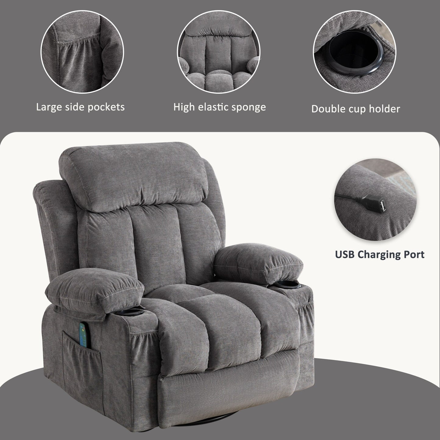 Fauteuil inclinable pivotant à 360° avec massage, chauffage, USB et porte-gobelets