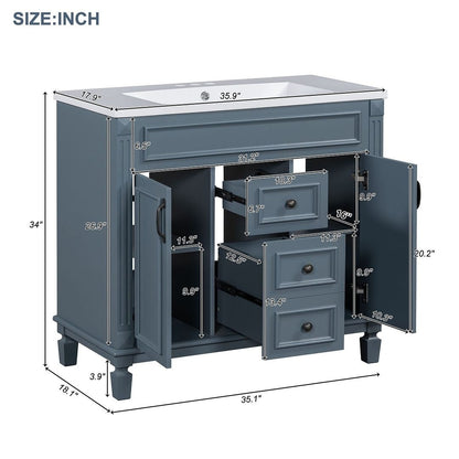 Meuble-lavabo moderne de 91 cm (36 pouces) pour salle de bain avec lavabo intégré et armoire à miroir, 2 portes et 2 tiroirs.