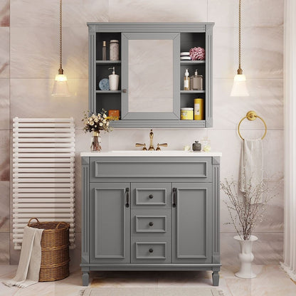 Meuble-lavabo moderne de 91 cm (36 pouces) pour salle de bain avec lavabo intégré et armoire à miroir, 2 portes et 2 tiroirs.