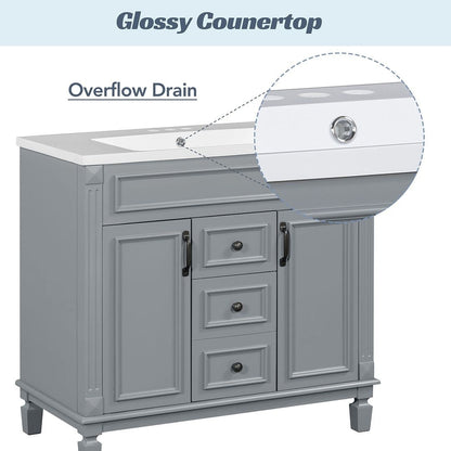 Meuble-lavabo moderne de 91 cm (36 pouces) pour salle de bain avec lavabo intégré et armoire à miroir, 2 portes et 2 tiroirs.