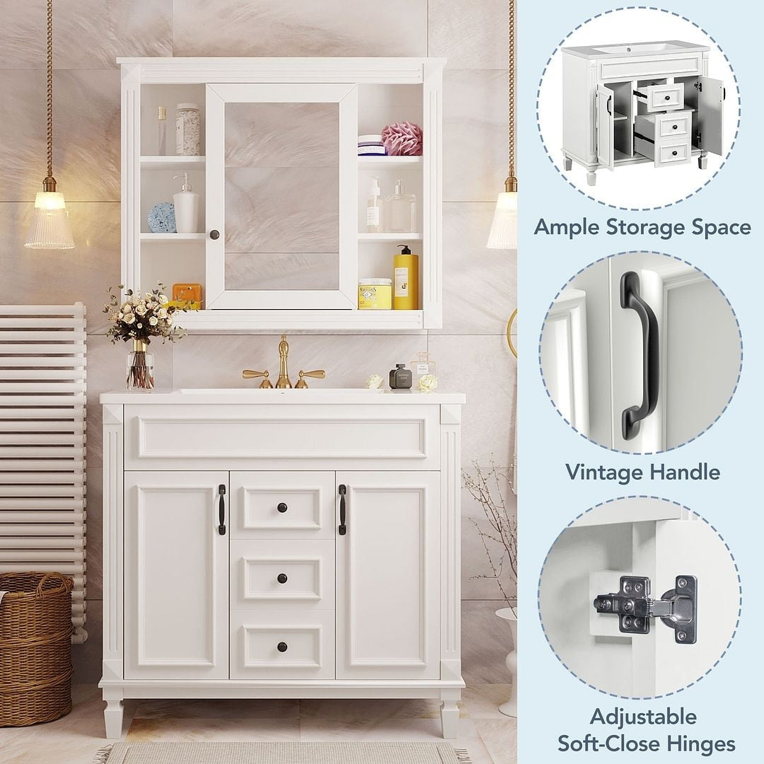 Meuble-lavabo moderne de 91 cm (36 pouces) pour salle de bain avec lavabo intégré et armoire à miroir, 2 portes et 2 tiroirs.