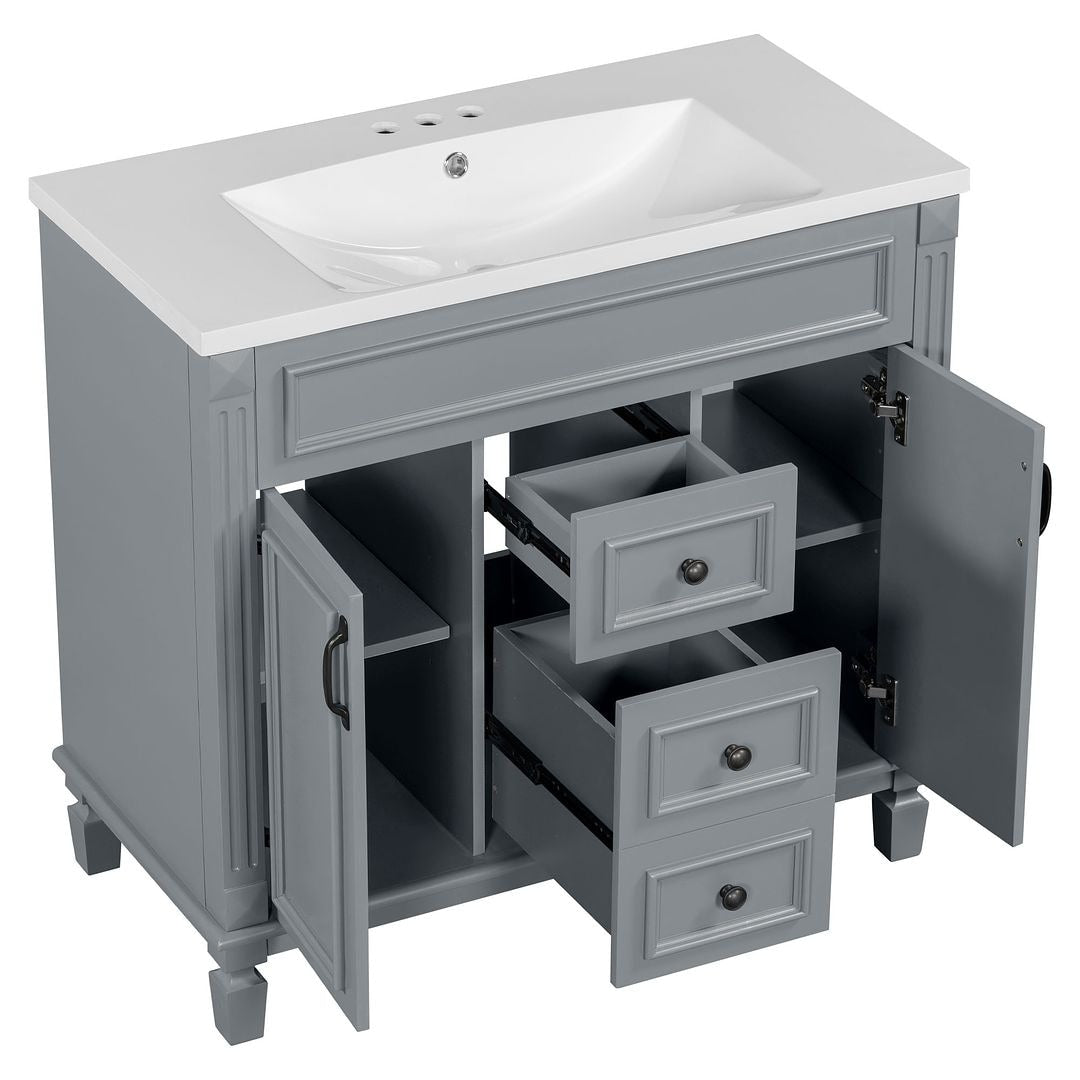 Meuble-lavabo moderne de 91 cm (36 pouces) pour salle de bain avec lavabo intégré et armoire à miroir, 2 portes et 2 tiroirs.