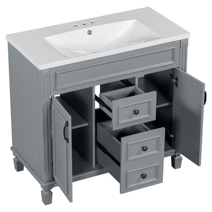 Meuble-lavabo moderne de 91 cm (36 pouces) pour salle de bain avec lavabo intégré et armoire à miroir, 2 portes et 2 tiroirs.