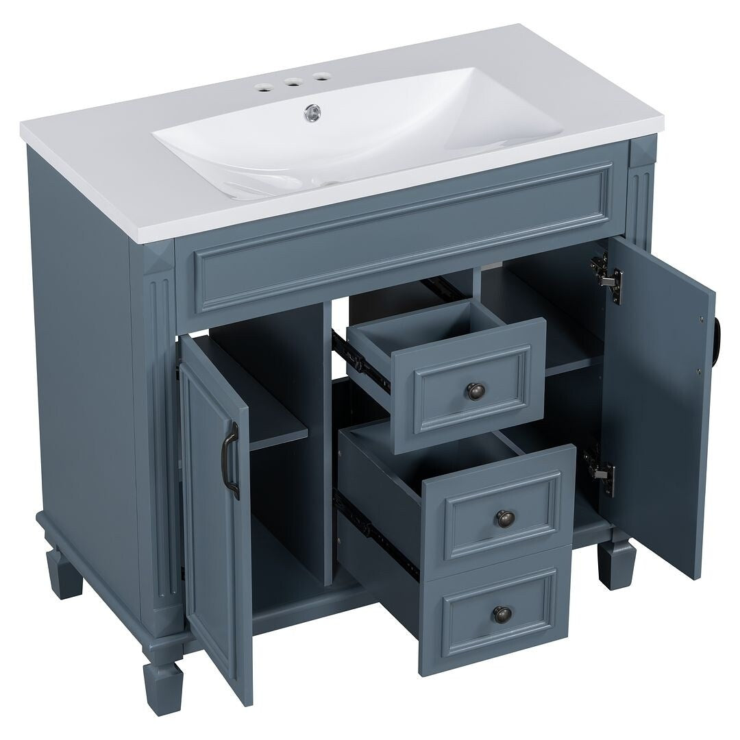 Meuble-lavabo moderne de 91 cm (36 pouces) pour salle de bain avec lavabo intégré et armoire à miroir, 2 portes et 2 tiroirs.