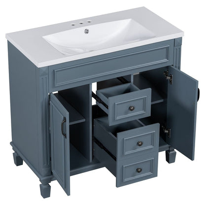 Meuble-lavabo moderne de 91 cm (36 pouces) pour salle de bain avec lavabo intégré et armoire à miroir, 2 portes et 2 tiroirs.