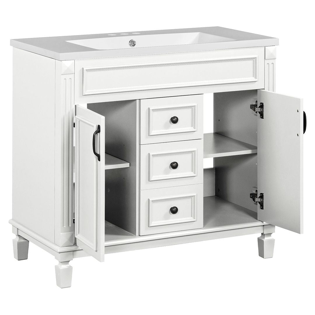 Meuble-lavabo moderne de 91 cm (36 pouces) pour salle de bain avec lavabo intégré et armoire à miroir, 2 portes et 2 tiroirs.