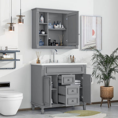 Meuble-lavabo moderne de 91 cm (36 pouces) pour salle de bain avec lavabo intégré et armoire à miroir, 2 portes et 2 tiroirs.