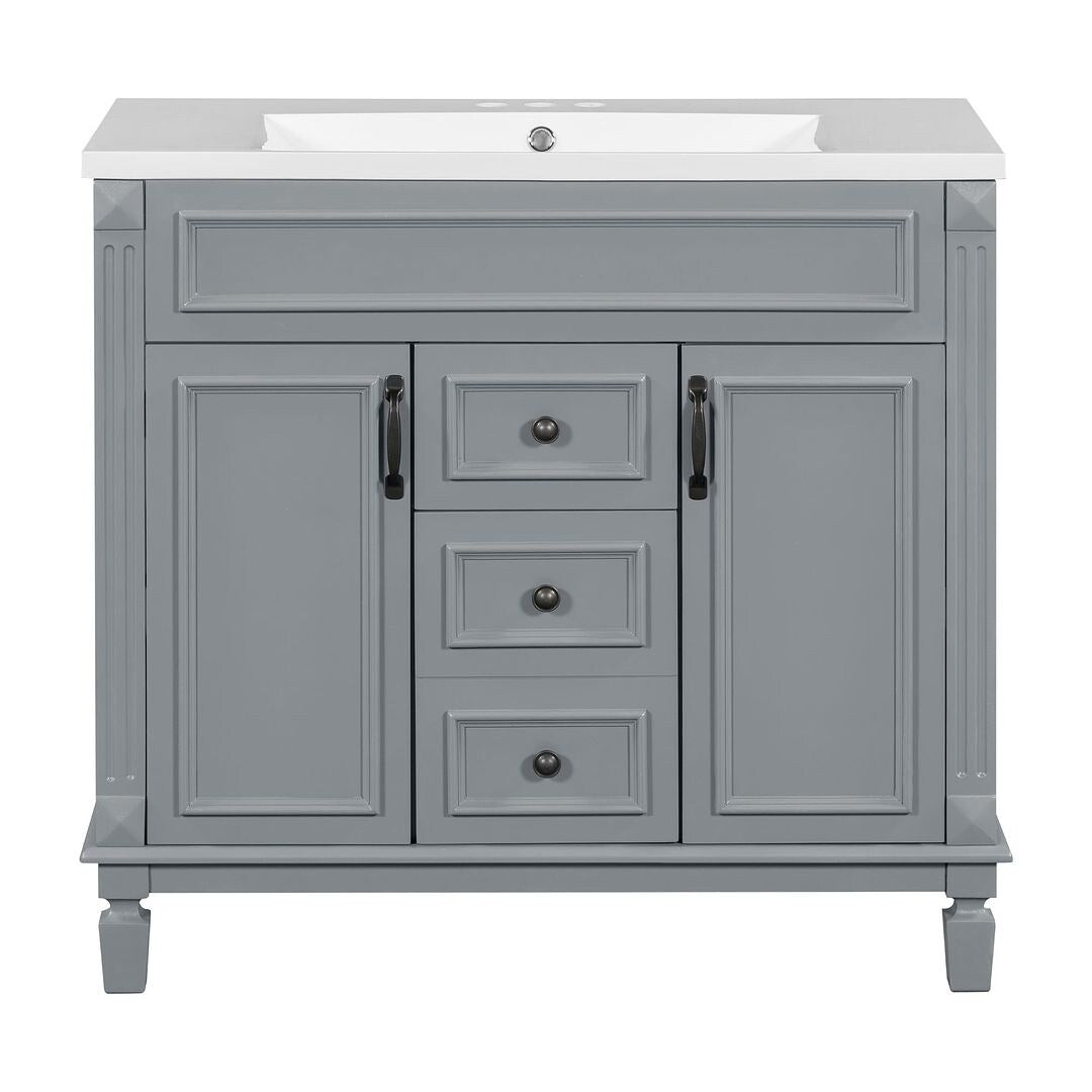 Meuble-lavabo moderne de 91 cm (36 pouces) pour salle de bain avec lavabo intégré et armoire à miroir, 2 portes et 2 tiroirs.