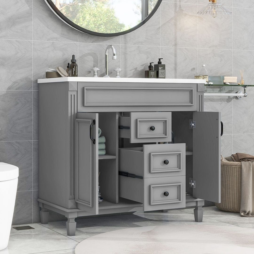Meuble-lavabo moderne de 91 cm (36 pouces) pour salle de bain avec lavabo intégré et armoire à miroir, 2 portes et 2 tiroirs.