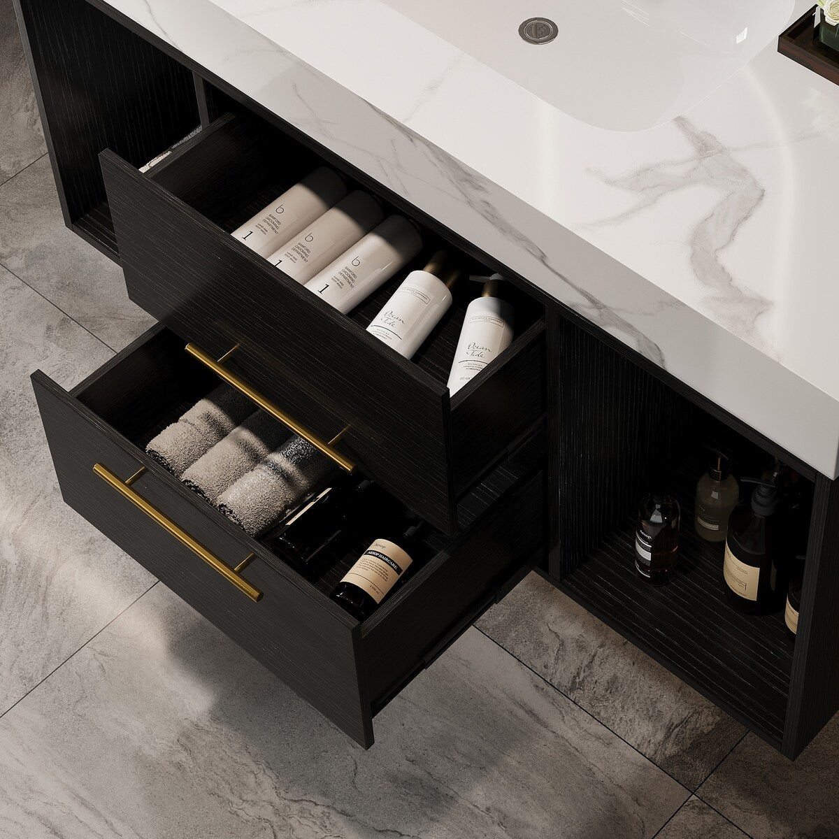 Meuble-lavabo suspendu de 39,4 pouces avec lavabo en céramique, meuble mural avec 2 tiroirs à fermeture amortie et dessus en ardoise blanche - 39'4 x 18'9