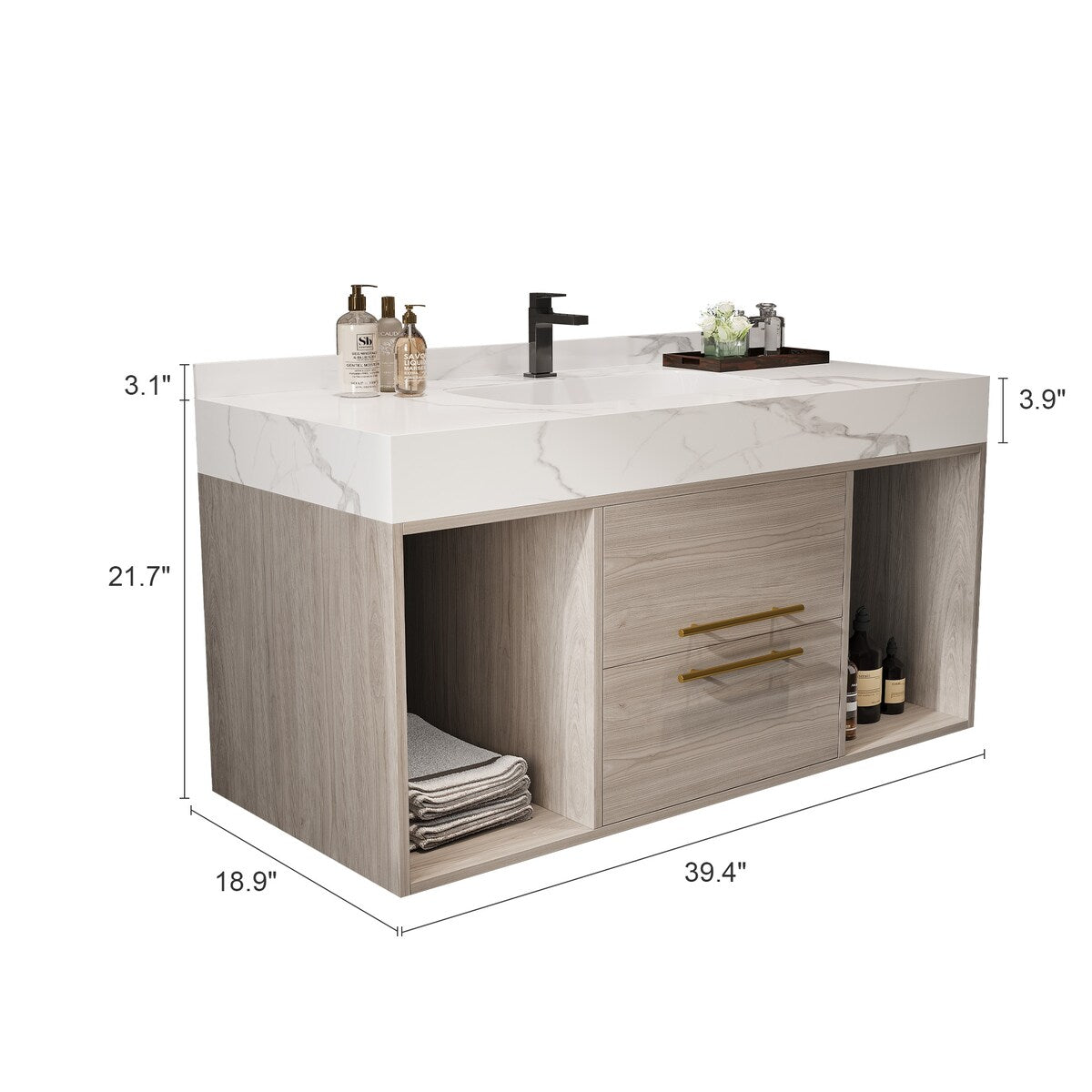 Meuble-lavabo suspendu de 39,4 pouces avec lavabo en céramique, meuble mural avec 2 tiroirs à fermeture amortie et dessus en ardoise blanche - 39'4 x 18'9