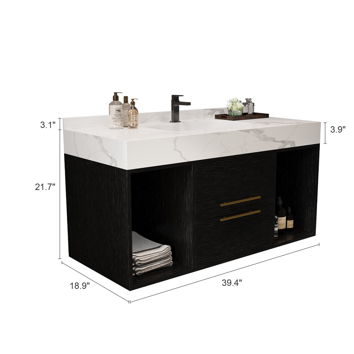 Meuble-lavabo suspendu de 39,4 pouces avec lavabo en céramique, meuble mural avec 2 tiroirs à fermeture amortie et dessus en ardoise blanche - 39'4 x 18'9