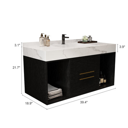 Meuble-lavabo suspendu de 39,4 pouces avec lavabo en céramique, meuble mural avec 2 tiroirs à fermeture amortie et dessus en ardoise blanche - 39'4 x 18'9