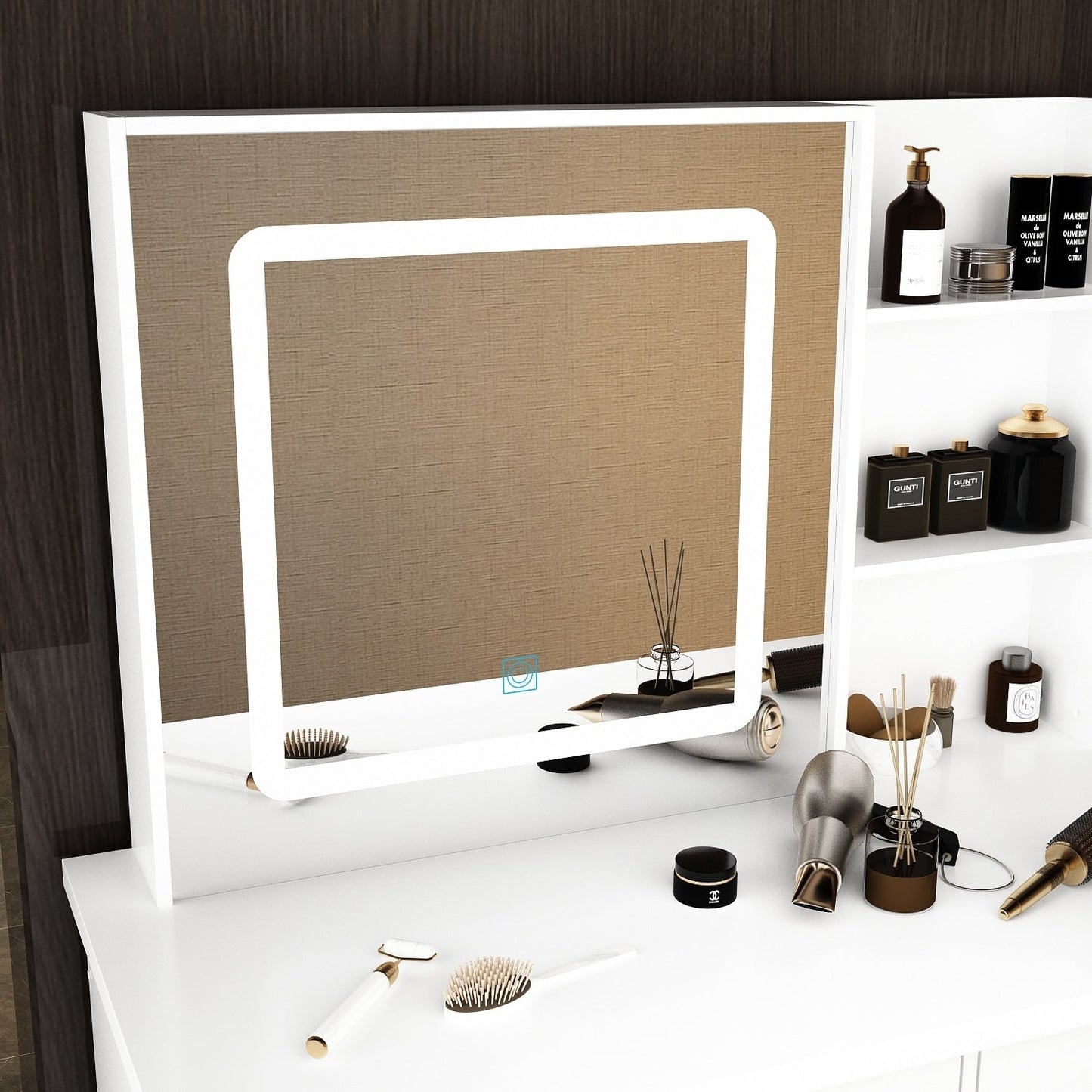 Ensemble coiffeuse et miroir de maquillage de 99,5 cm de large avec tabouret et miroir pour chambre.