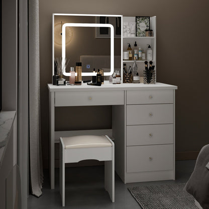 Ensemble coiffeuse et miroir de maquillage de 99,5 cm de large avec tabouret et miroir pour chambre.
