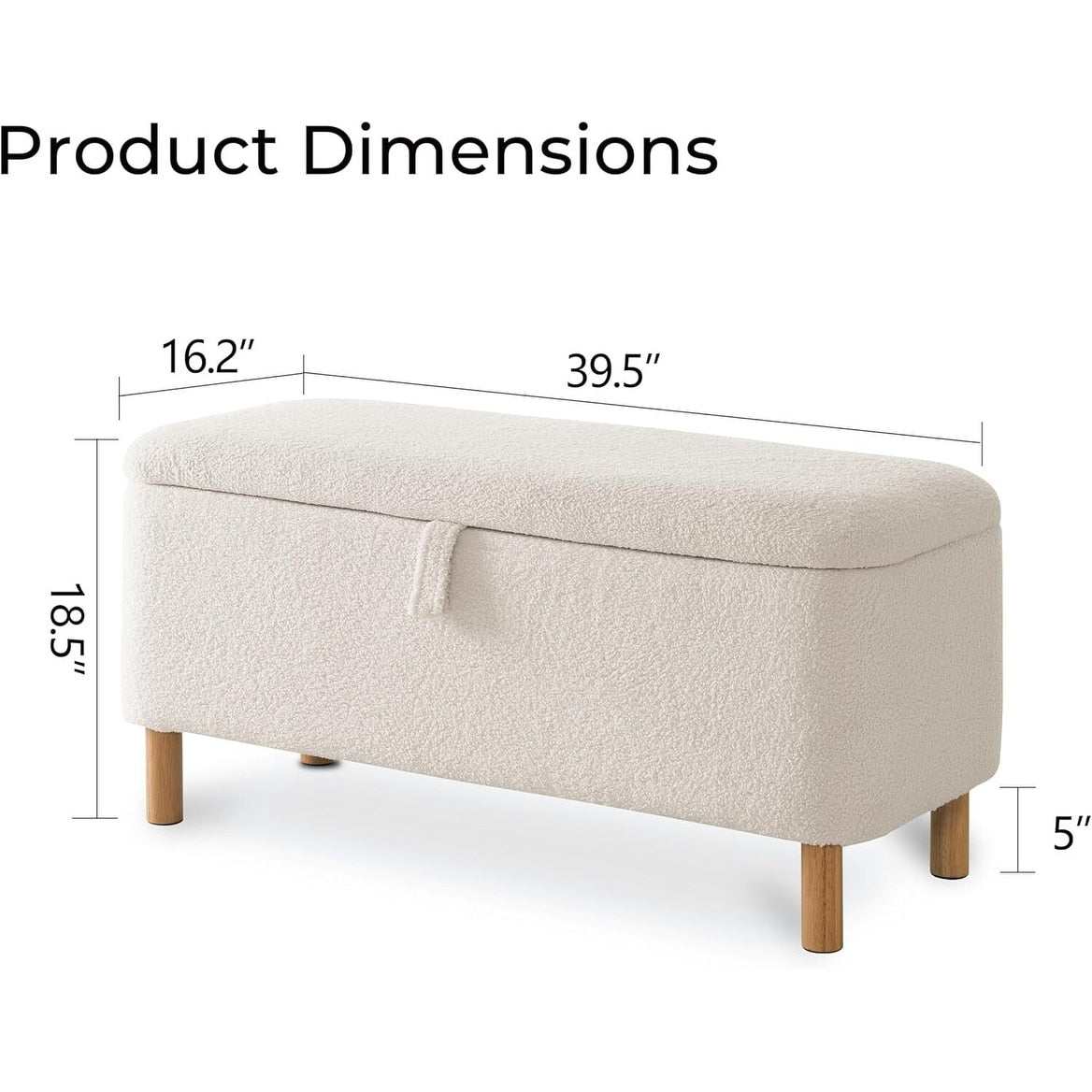 Banquette de rangement en bouclé blanc cassé Sherpa, 39,5 pouces, pouf de rangement, repose-pieds, pour salon, chambre à coucher, avec pieds en bois.