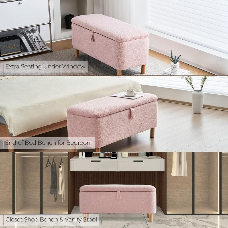 Banquette de rangement en bouclé blanc cassé Sherpa, 39,5 pouces, pouf de rangement, repose-pieds, pour salon, chambre à coucher, avec pieds en bois.