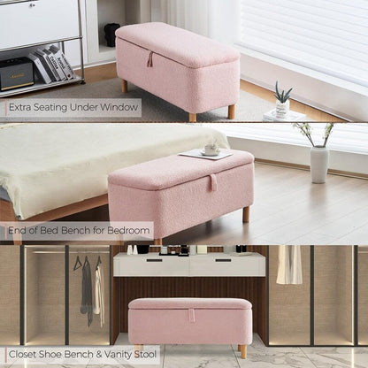 Banquette de rangement en bouclé blanc cassé Sherpa, 39,5 pouces, pouf de rangement, repose-pieds, pour salon, chambre à coucher, avec pieds en bois.