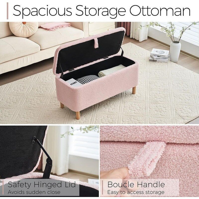 Banquette de rangement en bouclé blanc cassé Sherpa, 39,5 pouces, pouf de rangement, repose-pieds, pour salon, chambre à coucher, avec pieds en bois.