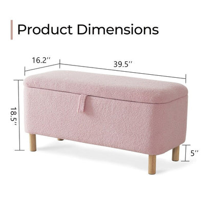 Banquette de rangement en bouclé blanc cassé Sherpa, 39,5 pouces, pouf de rangement, repose-pieds, pour salon, chambre à coucher, avec pieds en bois.