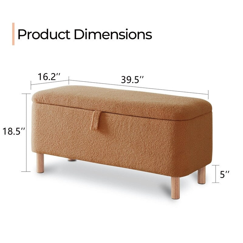 Banquette de rangement en bouclé blanc cassé Sherpa, 39,5 pouces, pouf de rangement, repose-pieds, pour salon, chambre à coucher, avec pieds en bois.