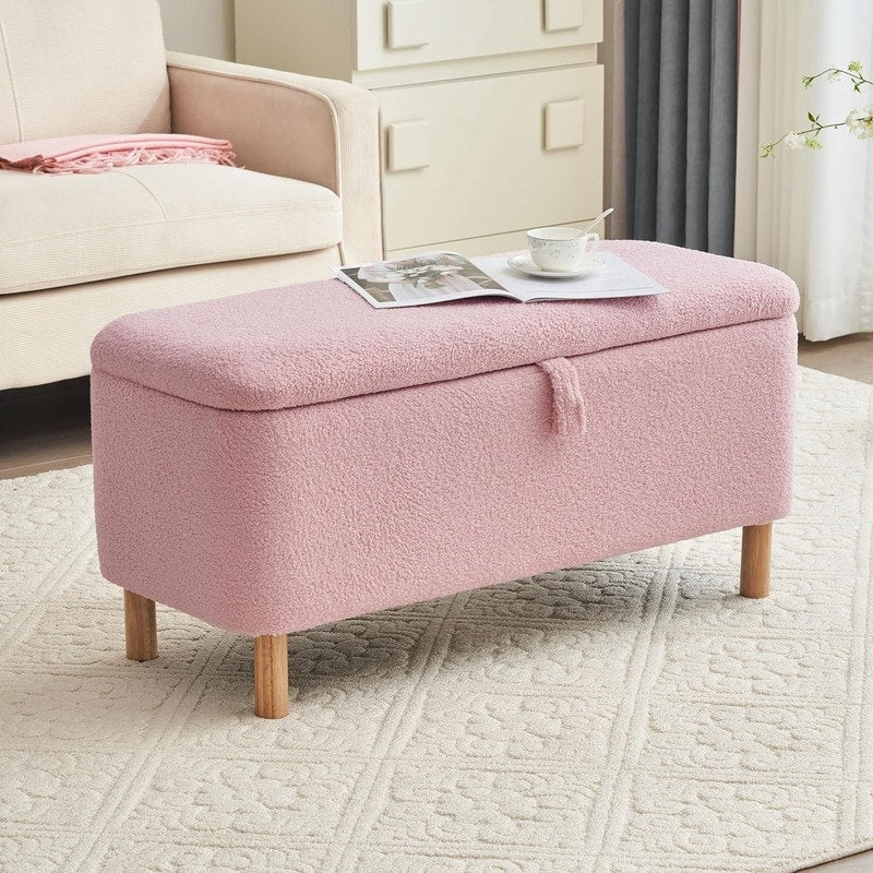 Banquette de rangement en bouclé blanc cassé Sherpa, 39,5 pouces, pouf de rangement, repose-pieds, pour salon, chambre à coucher, avec pieds en bois.