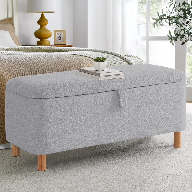 Banquette de rangement en bouclé blanc cassé Sherpa, 39,5 pouces, pouf de rangement, repose-pieds, pour salon, chambre à coucher, avec pieds en bois.
