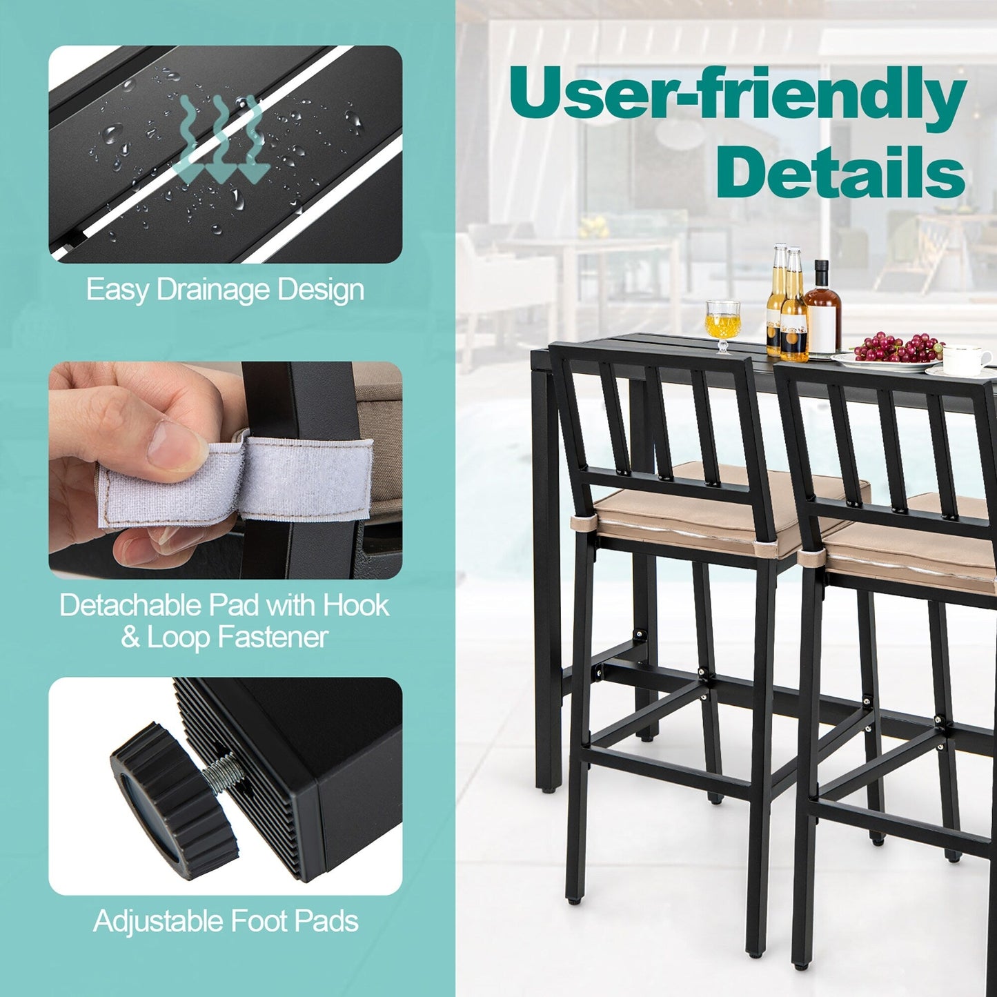 Ensemble de table et chaises de bar de patio 3 pièces en métal avec coussins