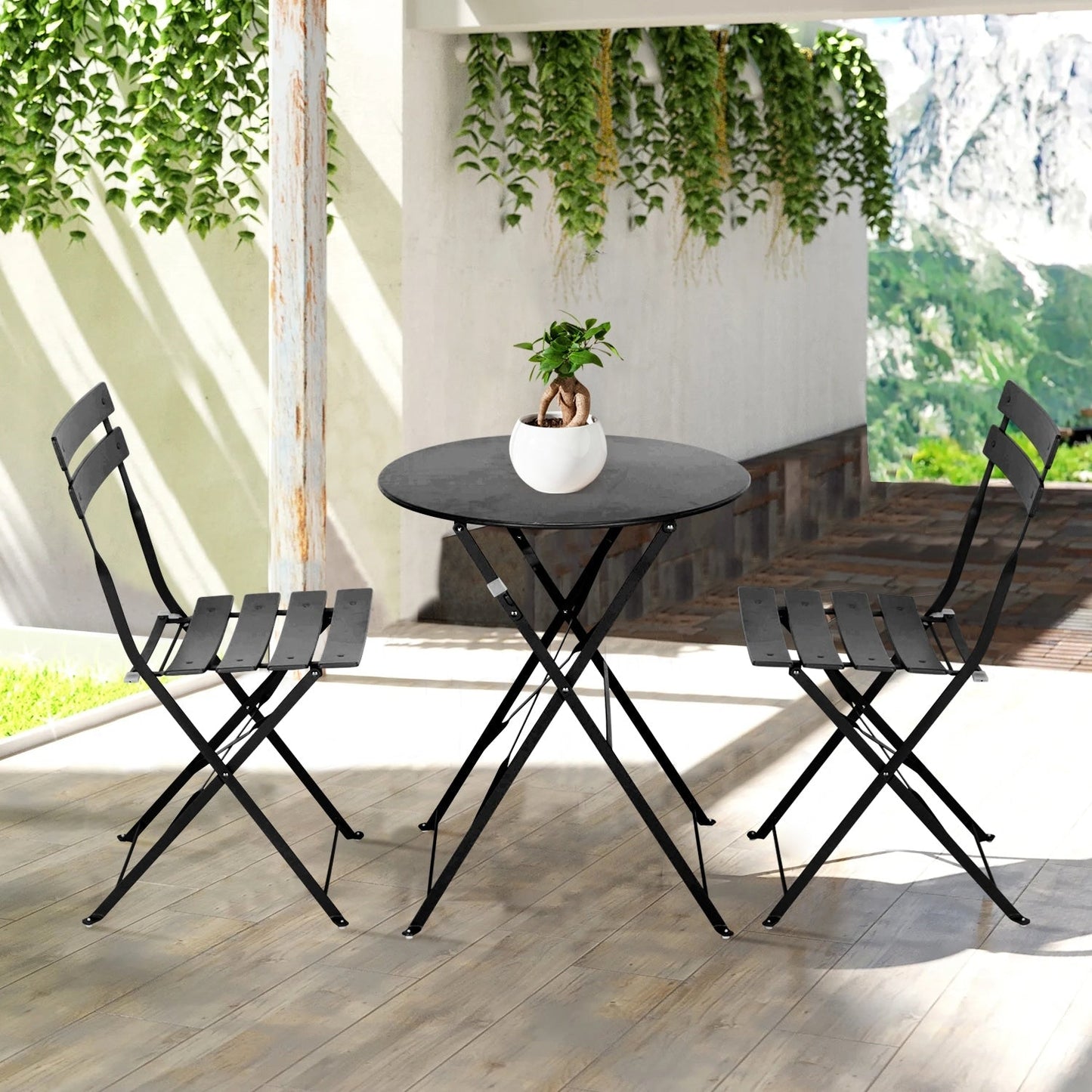 Ensemble de bistro pliable en métal 3 pièces, ensemble de conversation résistant aux intempéries pour l'intérieur et l'extérieur, pour patio, cour, jardin.