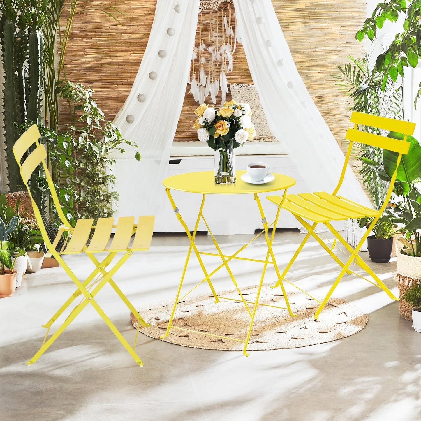 Ensemble de bistro pliable en métal 3 pièces, ensemble de conversation résistant aux intempéries pour l'intérieur et l'extérieur, pour patio, cour, jardin.