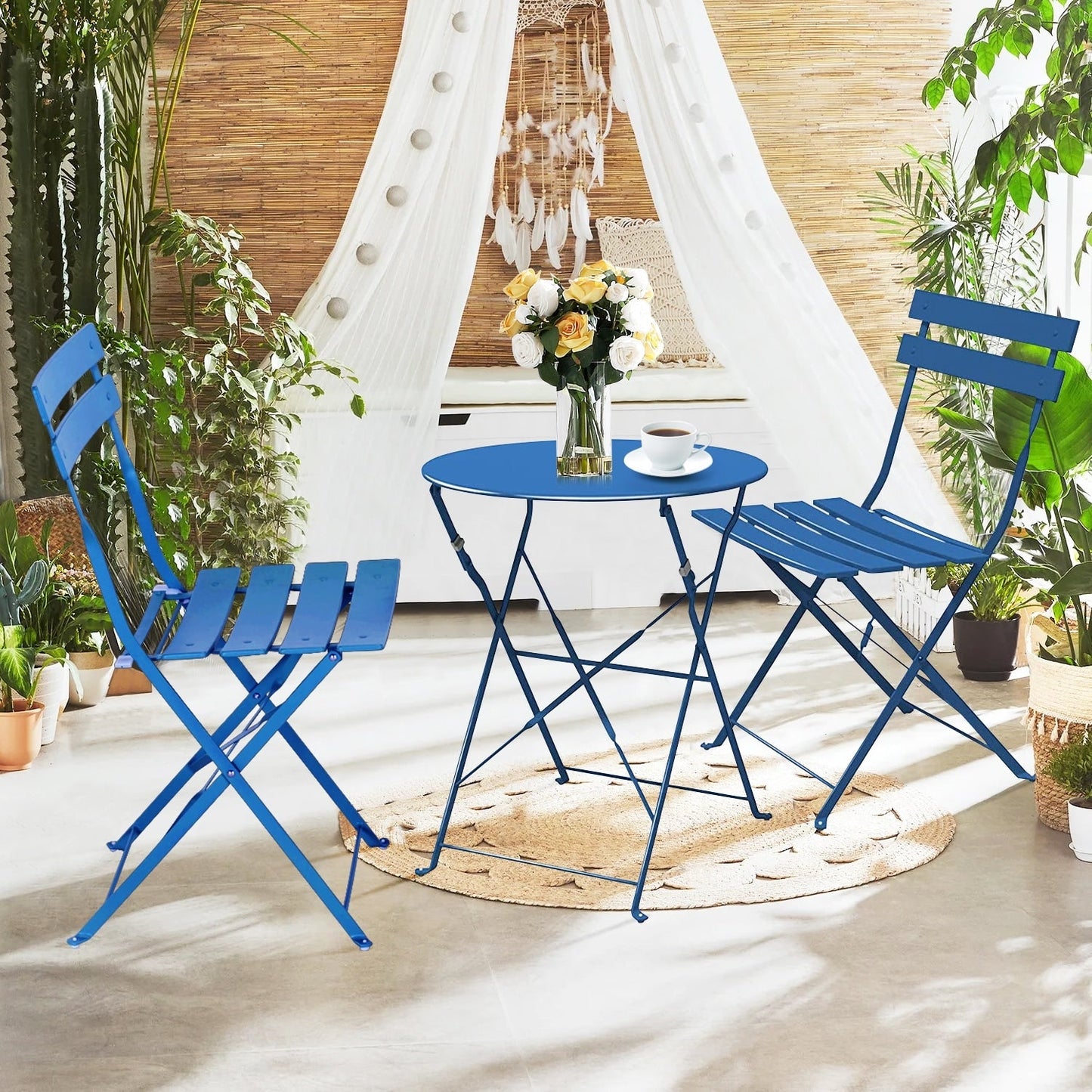 Ensemble de bistro pliable en métal 3 pièces, ensemble de conversation résistant aux intempéries pour l'intérieur et l'extérieur, pour patio, cour, jardin.
