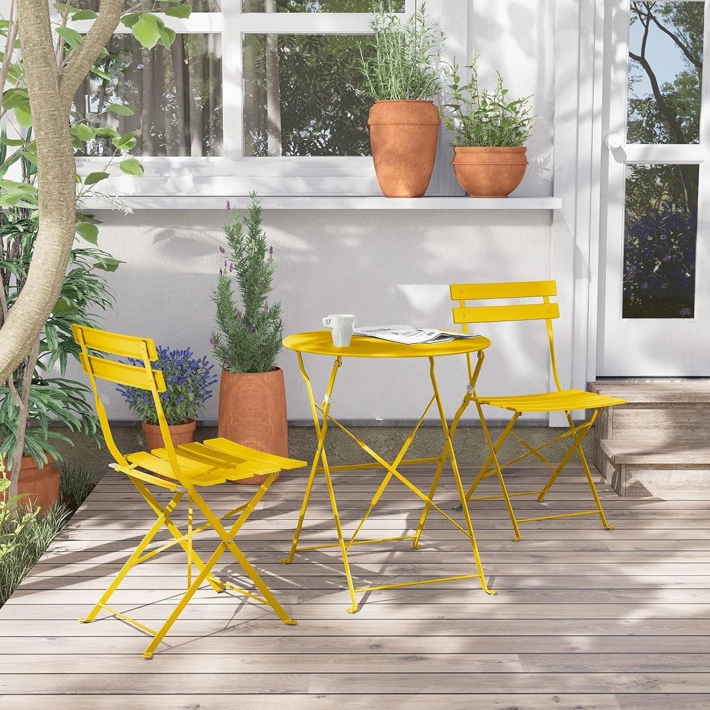 Ensemble de bistro pliable en métal 3 pièces, ensemble de conversation résistant aux intempéries pour l'intérieur et l'extérieur, pour patio, cour, jardin.