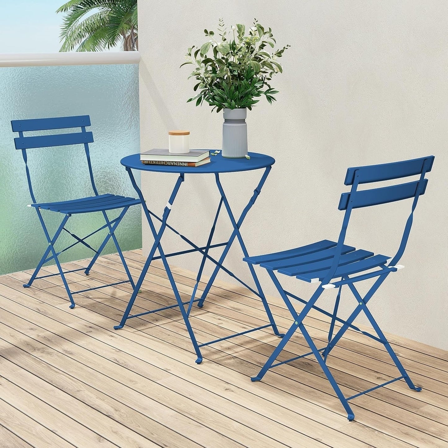 Ensemble de bistro pliable en métal 3 pièces, ensemble de conversation résistant aux intempéries pour l'intérieur et l'extérieur, pour patio, cour, jardin.