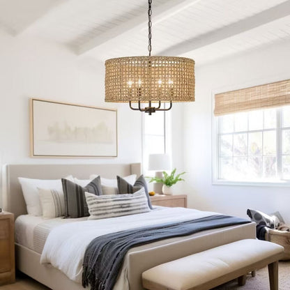 Luminaire suspendu bohémien en forme de tambour tissé à la main, 4 lumières - Paille - 50,8 cm de largeur