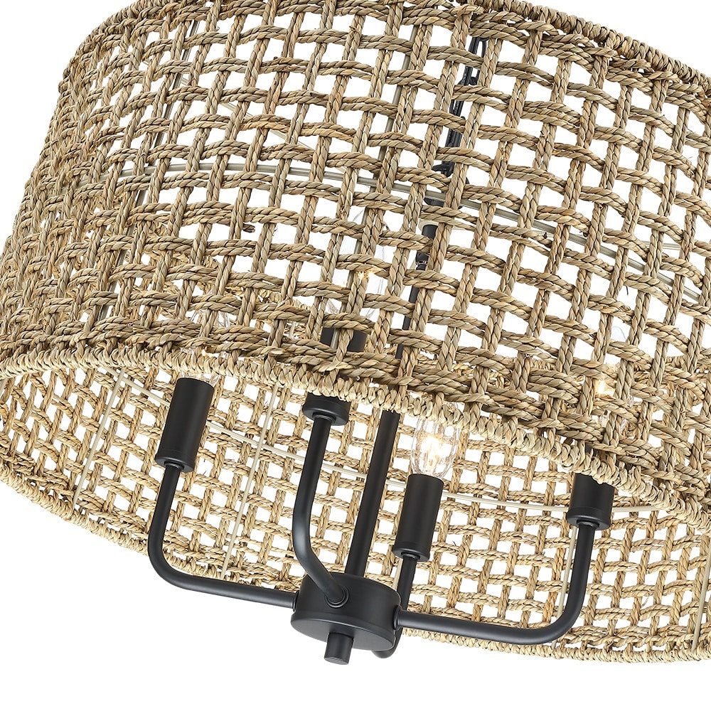 Luminaire suspendu bohémien en forme de tambour tissé à la main, 4 lumières - Paille - 50,8 cm de largeur