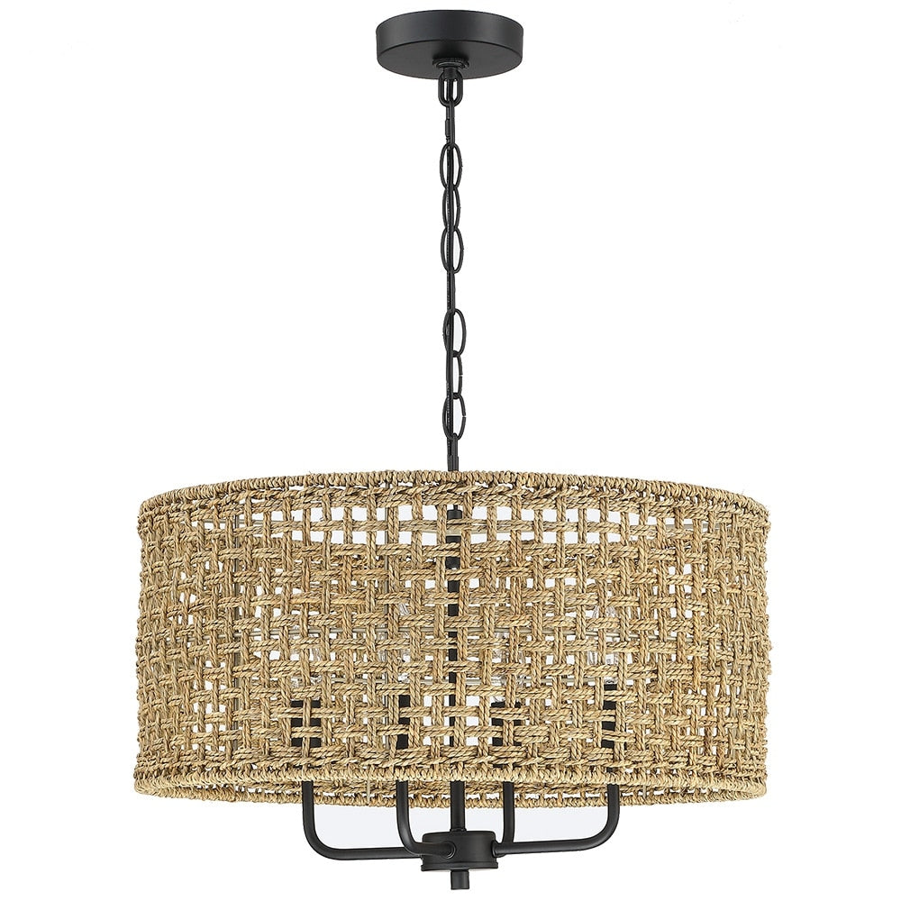 Luminaire suspendu bohémien en forme de tambour tissé à la main, 4 lumières - Paille - 50,8 cm de largeur