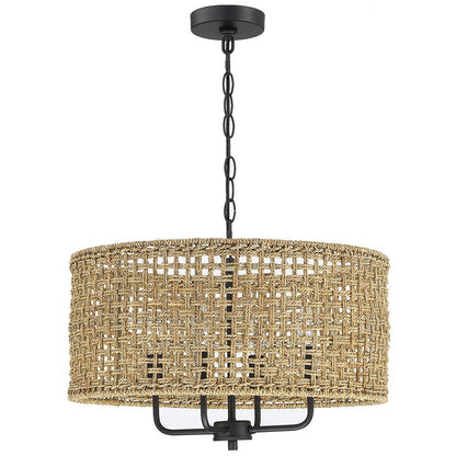 Luminaire suspendu bohémien en forme de tambour tissé à la main, 4 lumières - Paille - 50,8 cm de largeur