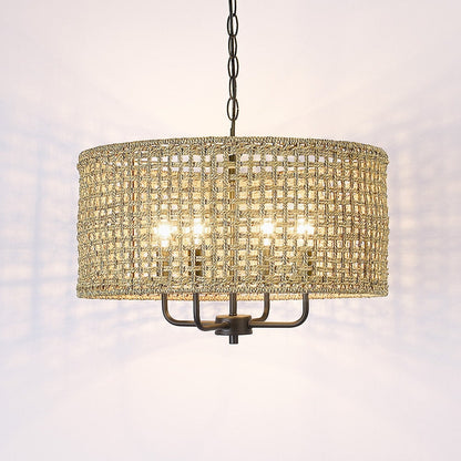 Luminaire suspendu bohémien en forme de tambour tissé à la main, 4 lumières - Paille - 50,8 cm de largeur