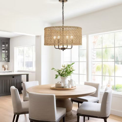 Luminaire suspendu bohémien en forme de tambour tissé à la main, 4 lumières - Paille - 50,8 cm de largeur