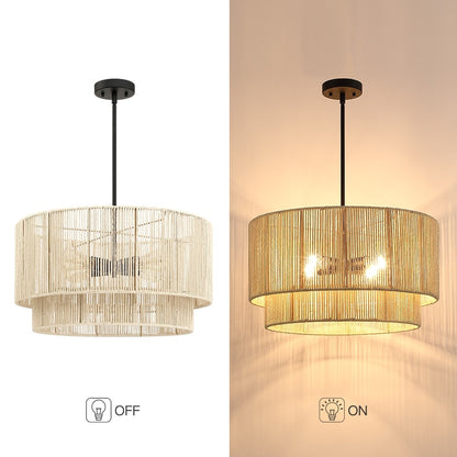 Suspension à 4 lumières en rotin à plusieurs niveaux, avec abat-jour noir - 56 cm de largeur