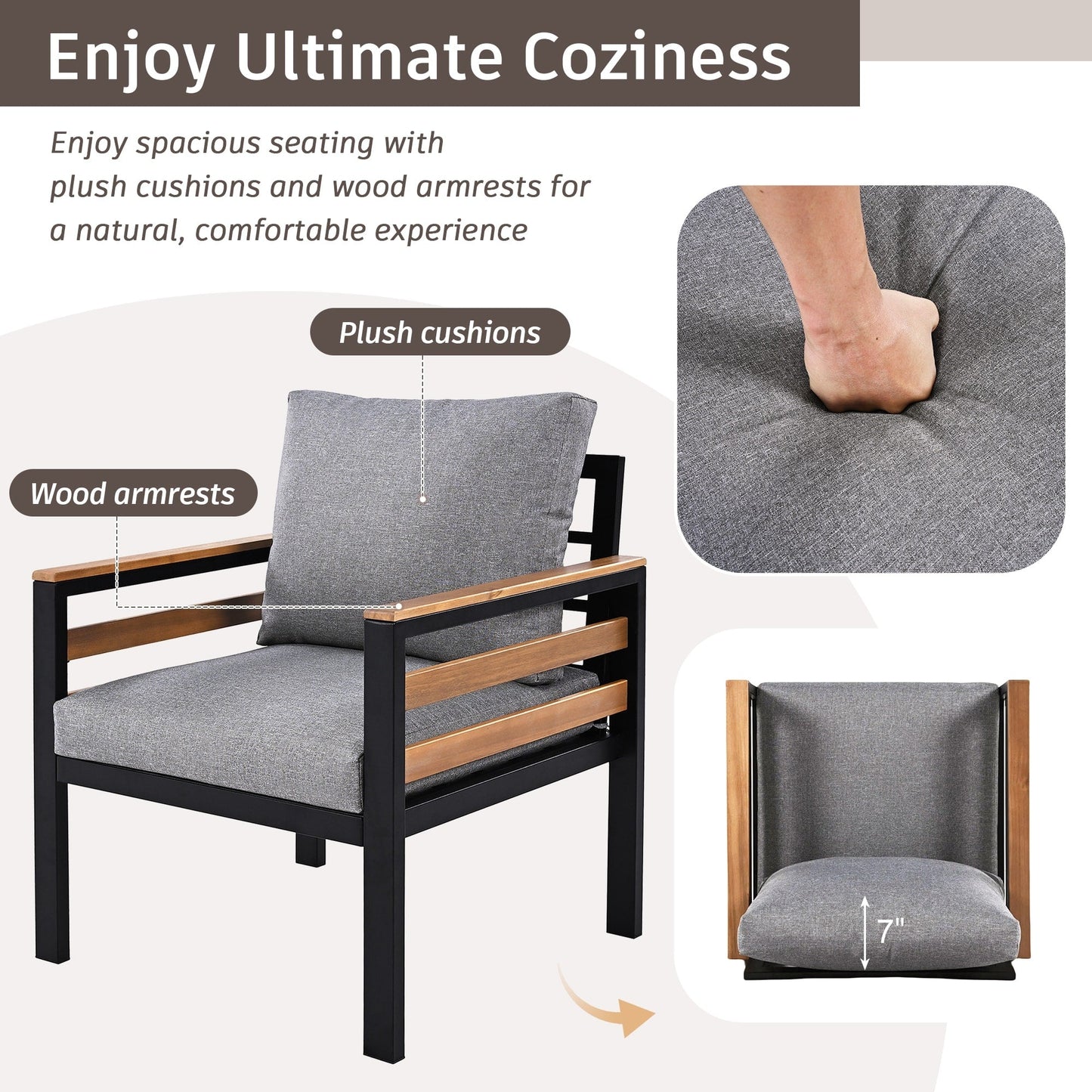 Ensemble de canapé d'extérieur 4 pièces pour 5 personnes avec coussins amovibles et table basse en bois massif