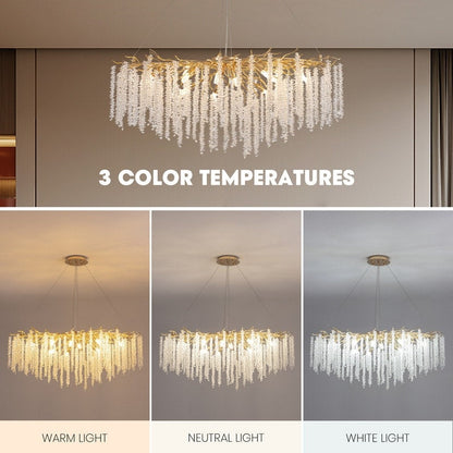 Luminaire rectangulaire moderne en cristal doré de 102 cm (40 po) avec branches d'arbre, idéal pour la salle à manger, la cuisine ou l'îlot central.