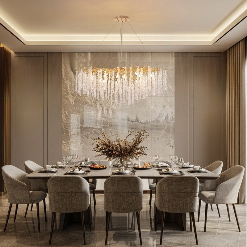 Luminaire rectangulaire moderne en cristal doré de 102 cm (40 po) avec branches d'arbre, idéal pour la salle à manger, la cuisine ou l'îlot central.