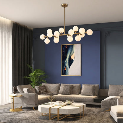 Luminaire linéaire à suspension Sputnik à 16 lumières, style moderne du milieu du siècle, en laiton doré, 40 po, avec globe en verre dépoli pour salle à manger