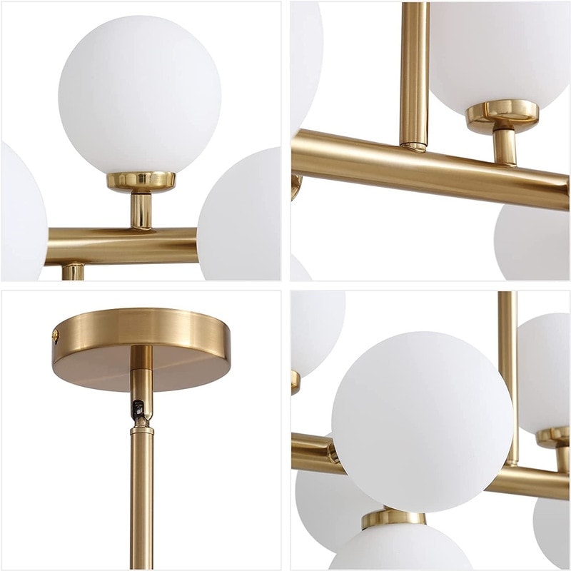 Luminaire linéaire à suspension Sputnik à 16 lumières, style moderne du milieu du siècle, en laiton doré, 40 po, avec globe en verre dépoli pour salle à manger